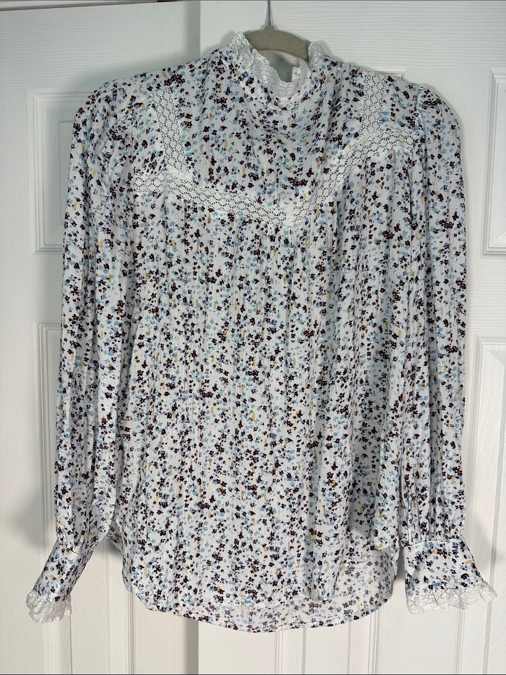 LOFT Cream Floral Lace Yoke High-Neck Blouse